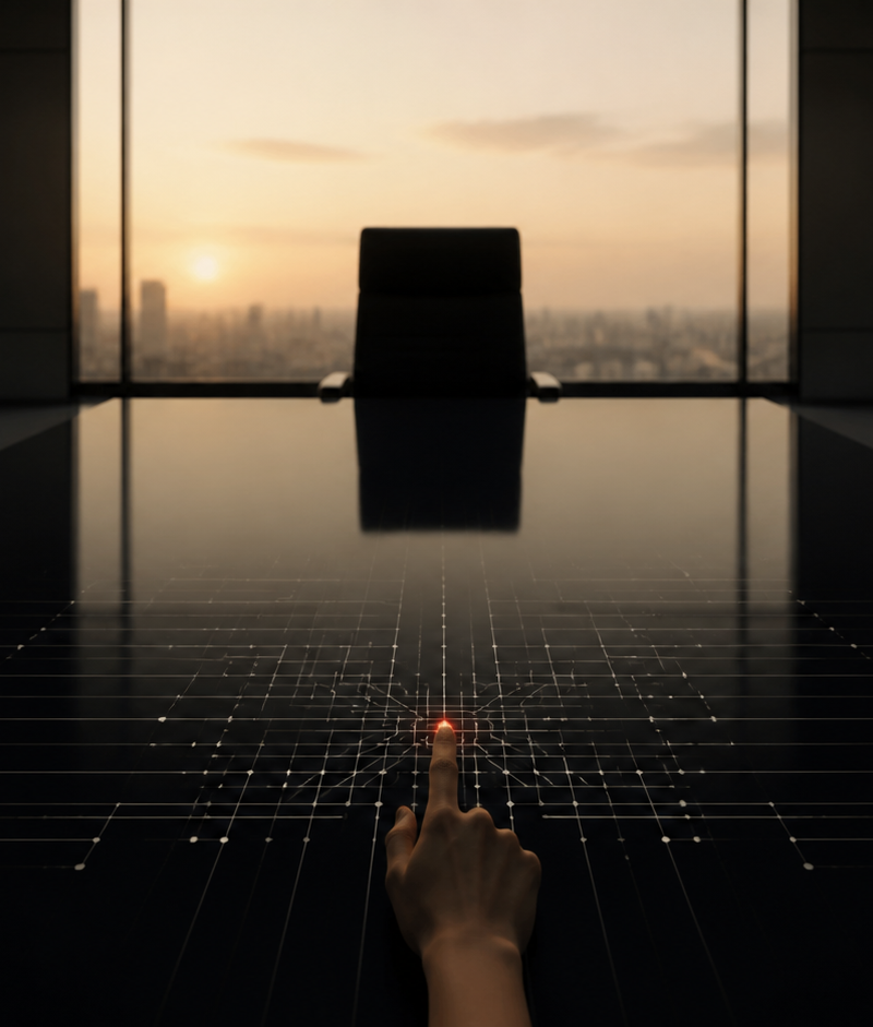 A human hand activates a network of intelligence across a black-glass boardroom table, while an empty executive chair remains in shadow.