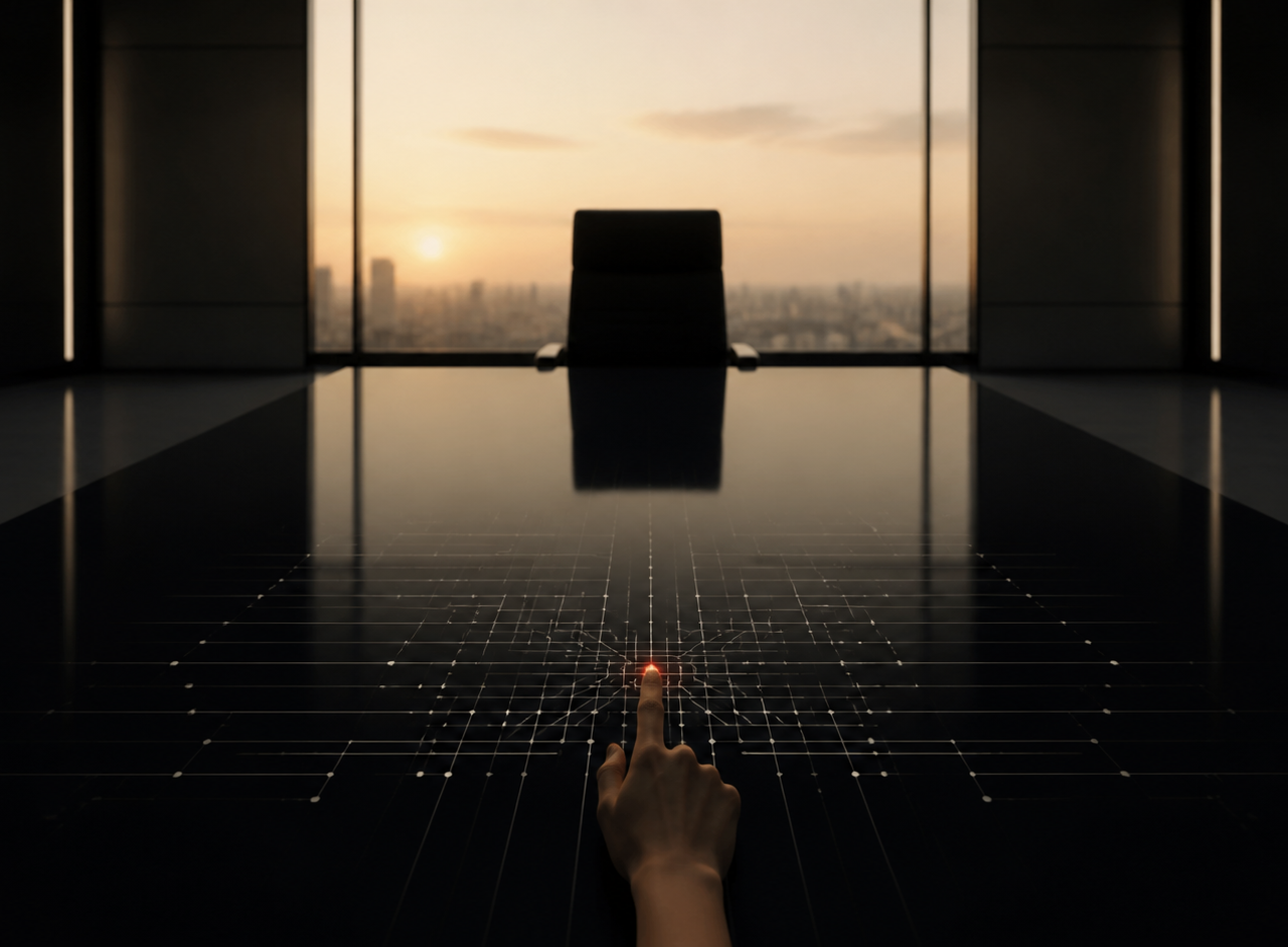A human hand activates a network of intelligence across a black-glass boardroom table, while an empty executive chair remains in shadow.