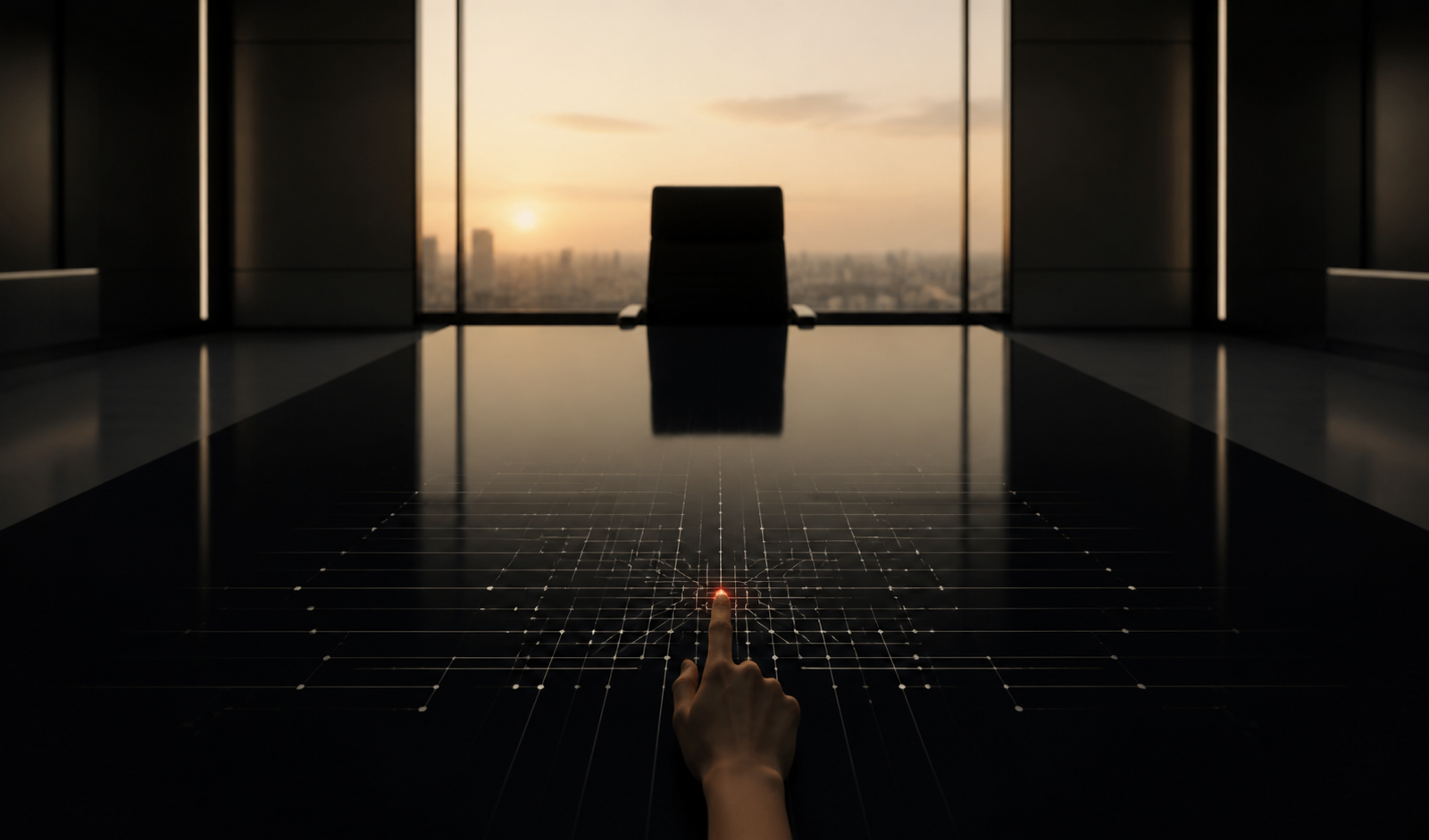 A human hand activates a network of intelligence across a black-glass boardroom table, while an empty executive chair remains in shadow.